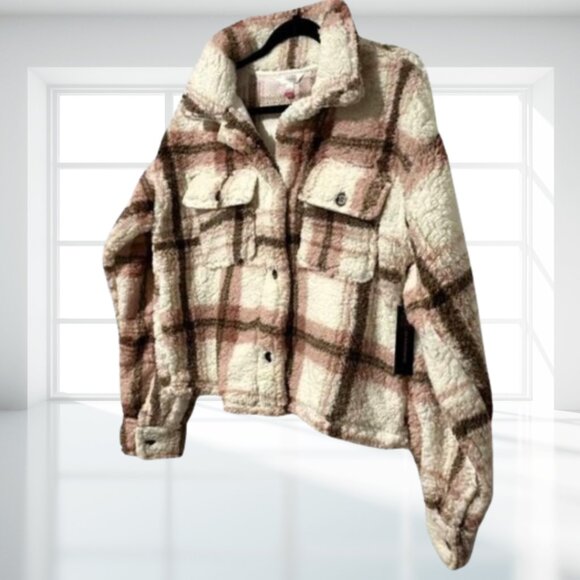 NWT Cozy Plaid Sherpa Shacket Jacket Cream Pink Brown Size Large Fall Winter - Picture 7 of 12